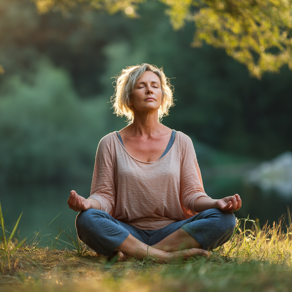 Peaceful middle-aged Ukrainian woman practicing gentle yoga in natural lighting, showing relaxed breathing technique